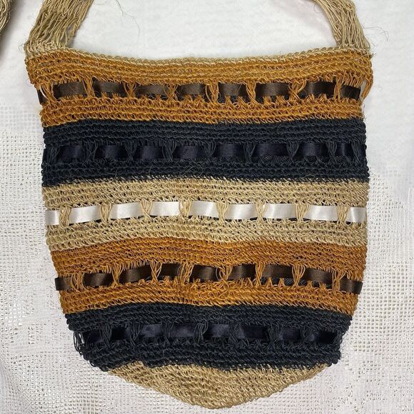 Straw Crossbody Bucket Purse Striped 3D Flower Bag Boho Cottagecore Black Brown - Picture 2 of 4